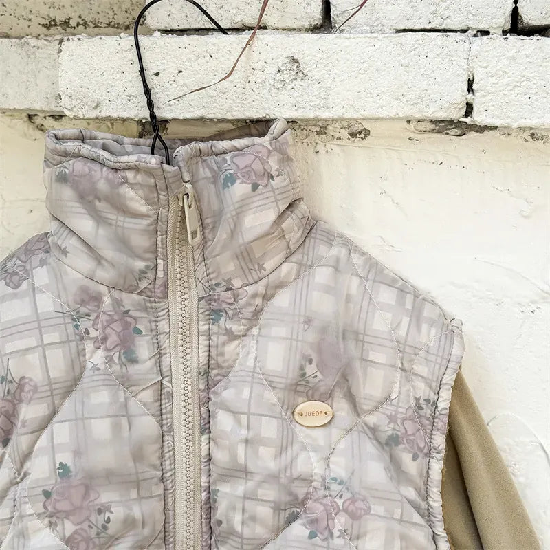 ベスト Brown / 12M  80CM キッズベスト フラワーチェックプリントジップアップアウターベスト【mh0008285】