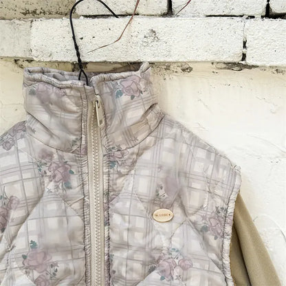 ベスト Brown / 12M  80CM キッズベスト フラワーチェックプリントジップアップアウターベスト【mh0008285】