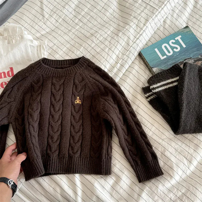 ニット・セーター Brown / 12M  80CM キッズトップス アランニットケーブル編みベアくま刺繍長袖セーター【mh0008454】