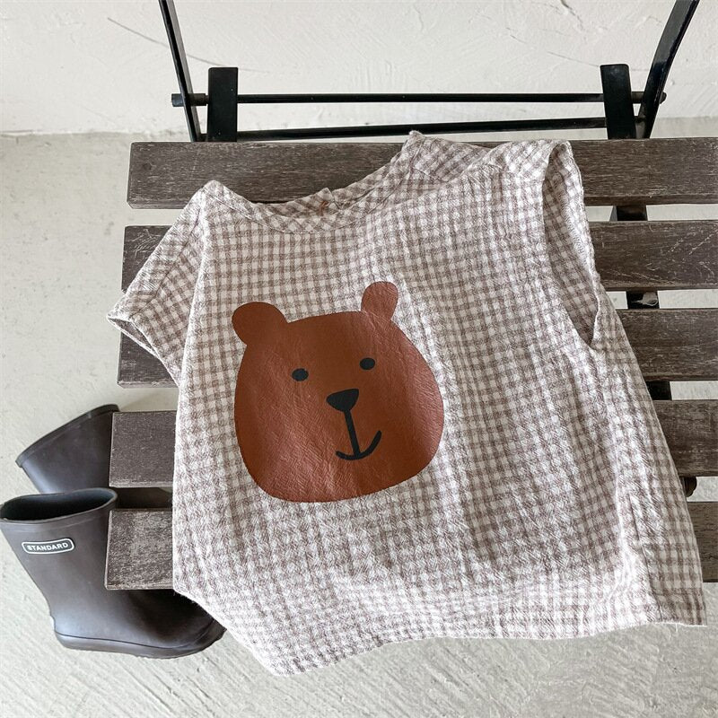 タンクトップ・キャミソール・ノースリーブトップス Brown / 80cm Bear Check French Sleeve Top くま チェック フレンチスリーブトップス【mh0012144】