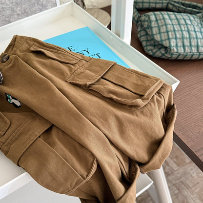 ロングパンツ・スウェットパンツ Brown / 80cm ワンポイント刺繍ストライプ/無地ワイドルーズカーゴパンツ【mh0010637】