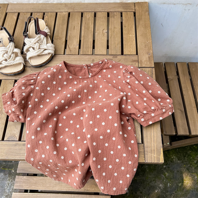 半袖シャツ・ブラウス Brown / 80cm Polka Dot Linen Puff Sleeve Shirt みずたま パフスリーブ ブラウス【mh0011994】