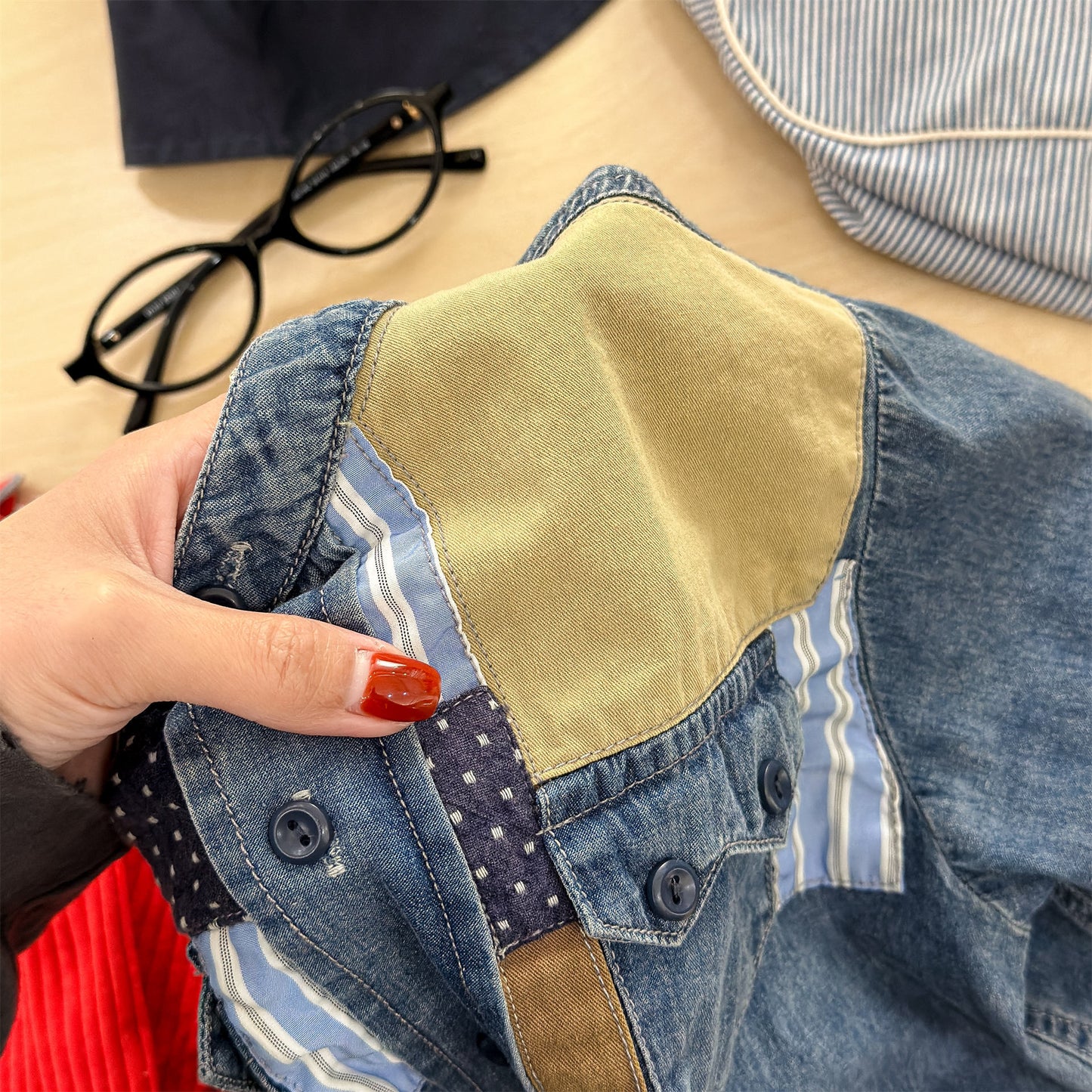 長袖シャツ・ブラウス Children's Denim Patch Shirt デニムパッチワークシャツ【mh0011947】