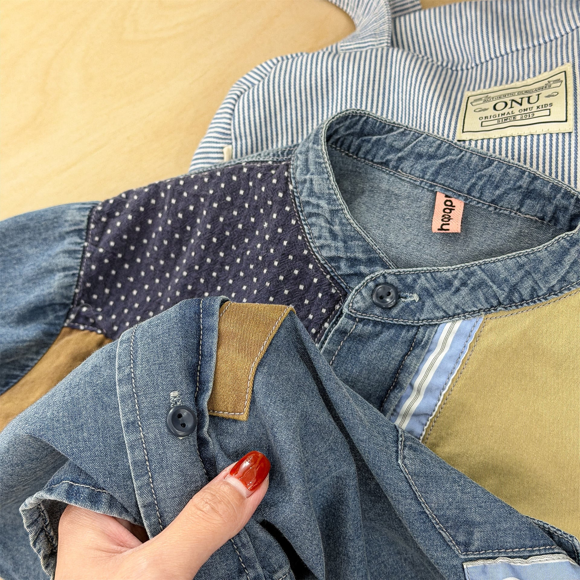 長袖シャツ・ブラウス Children's Denim Patch Shirt デニムパッチワークシャツ【mh0011947】