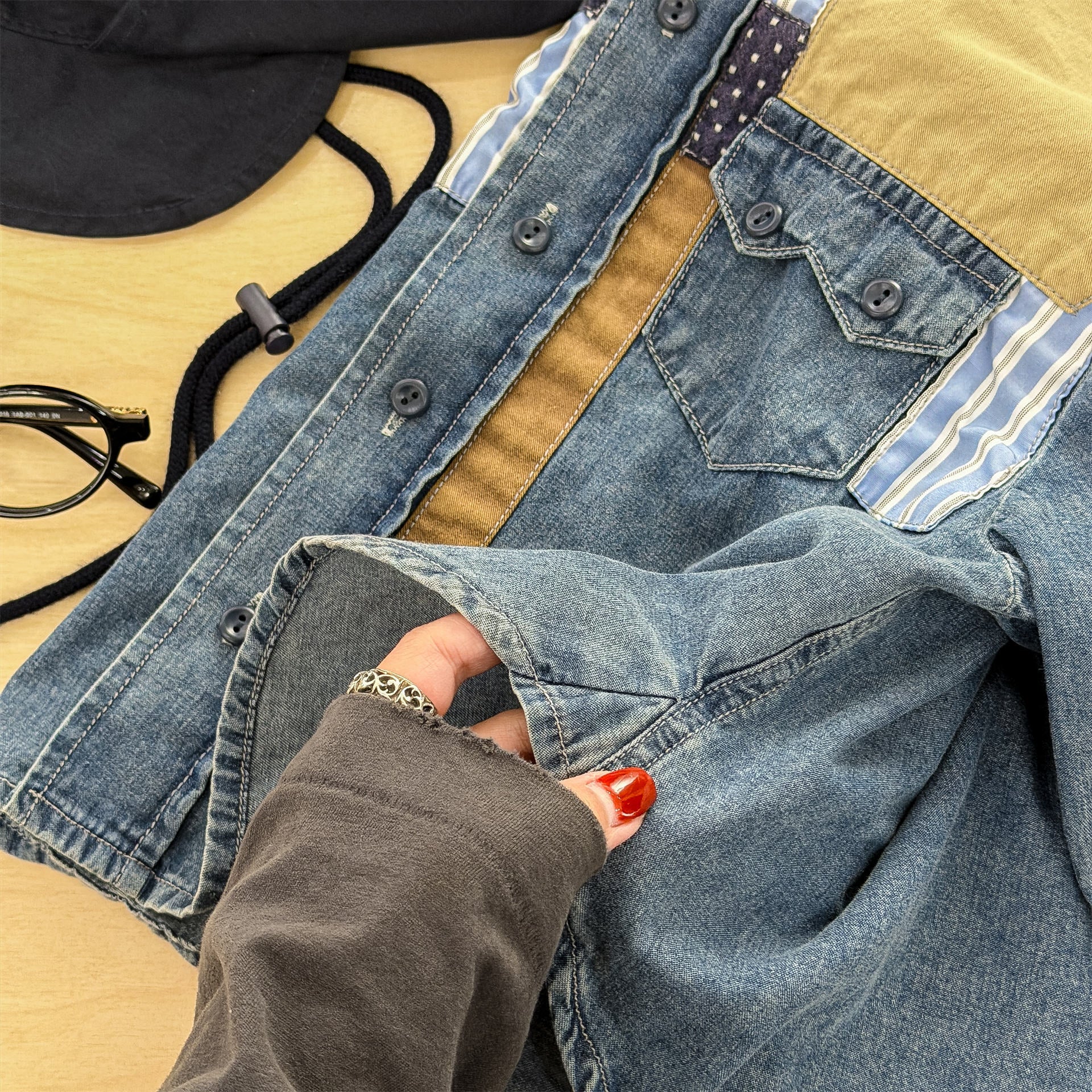 長袖シャツ・ブラウス Children's Denim Patch Shirt デニムパッチワークシャツ【mh0011947】