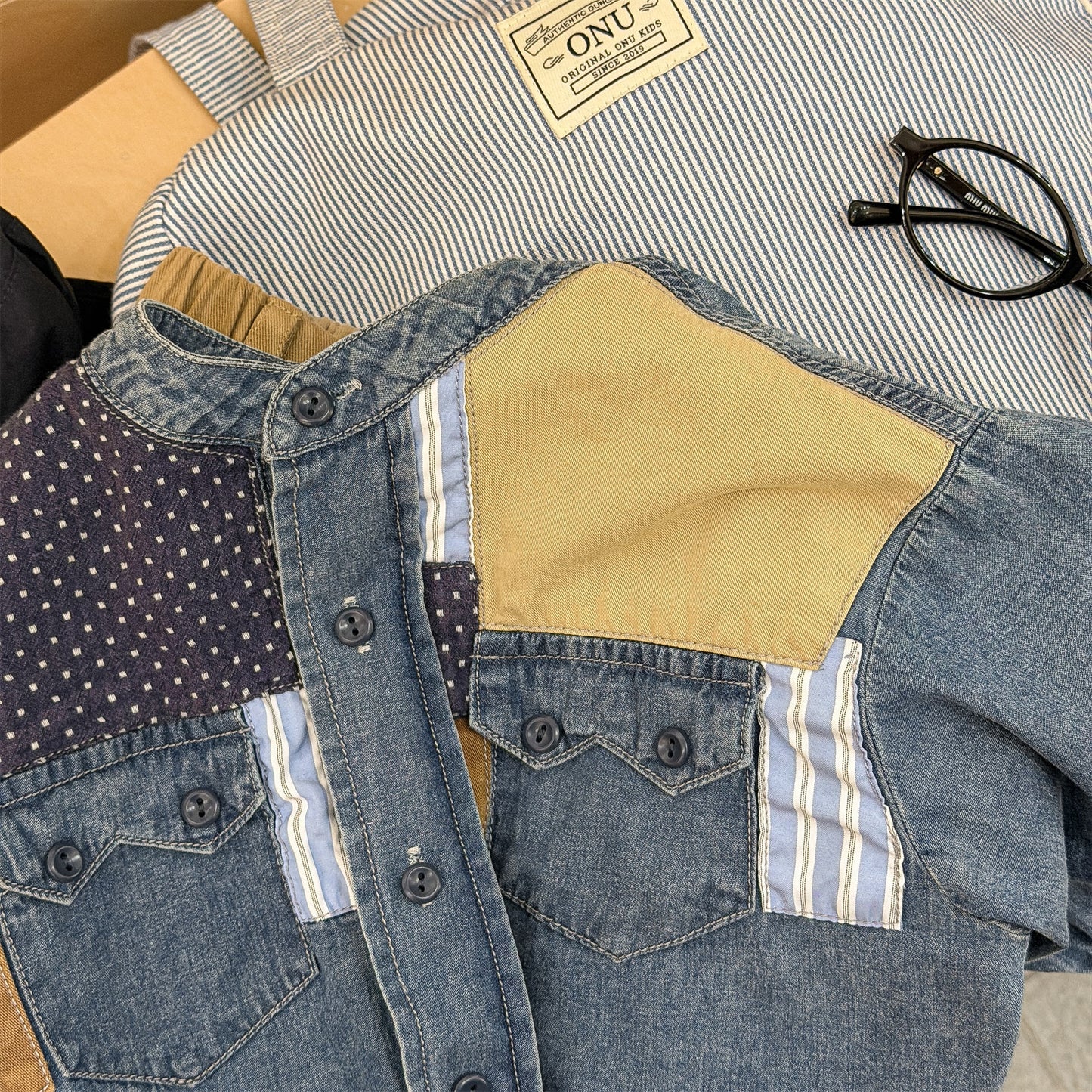 長袖シャツ・ブラウス Children's Denim Patch Shirt デニムパッチワークシャツ【mh0011947】