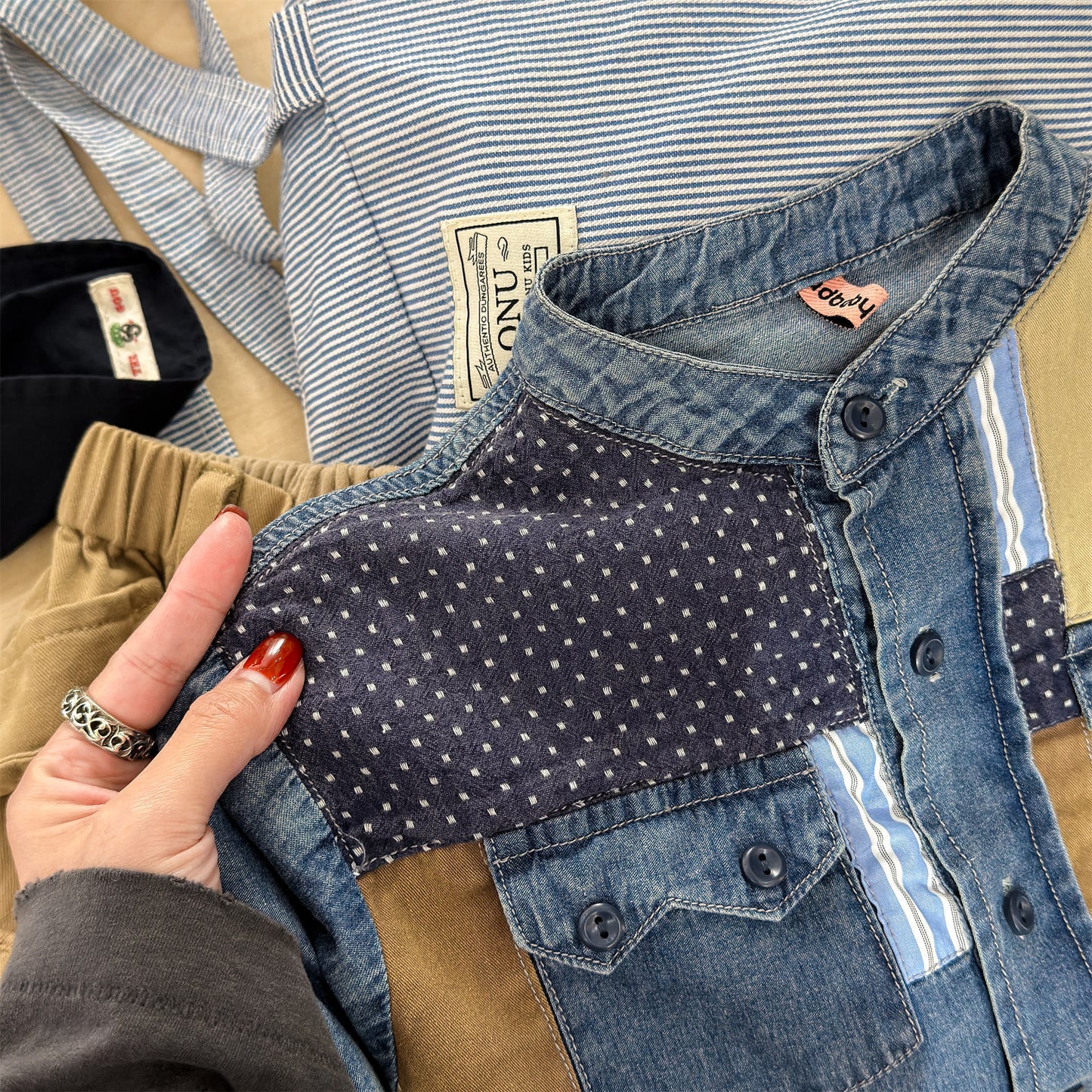 長袖シャツ・ブラウス Children's Denim Patch Shirt デニムパッチワークシャツ【mh0011947】