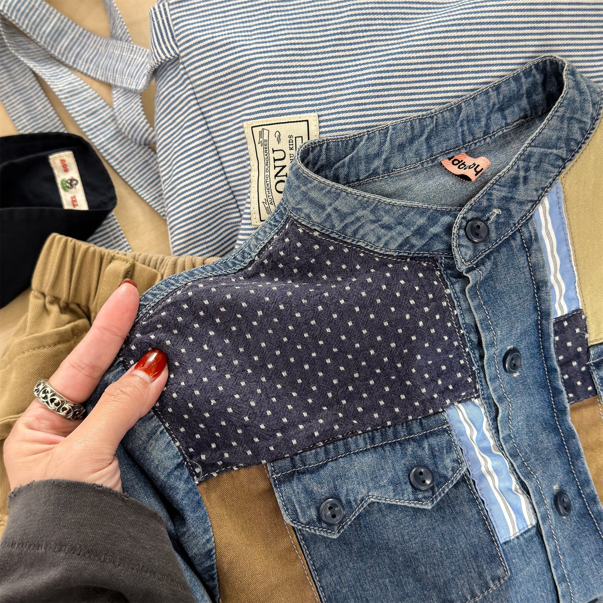 長袖シャツ・ブラウス Children's Denim Patch Shirt デニムパッチワークシャツ【mh0011947】