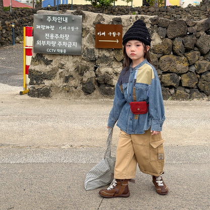 長袖シャツ・ブラウス Children's Denim Patch Shirt デニムパッチワークシャツ【mh0011947】