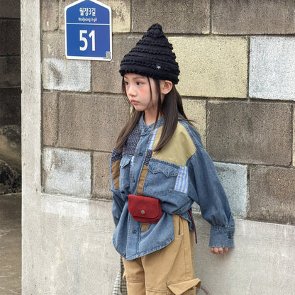 長袖シャツ・ブラウス Children's Denim Patch Shirt デニムパッチワークシャツ【mh0011947】