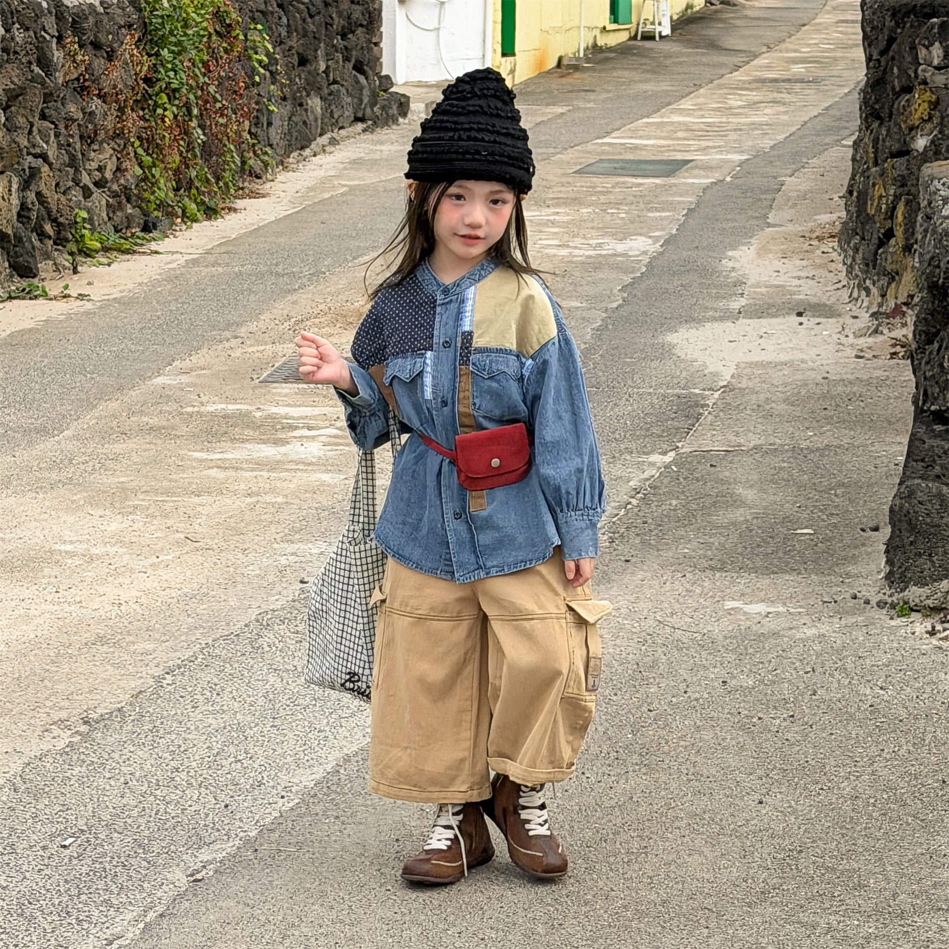 長袖シャツ・ブラウス Children's Denim Patch Shirt デニムパッチワークシャツ【mh0011947】