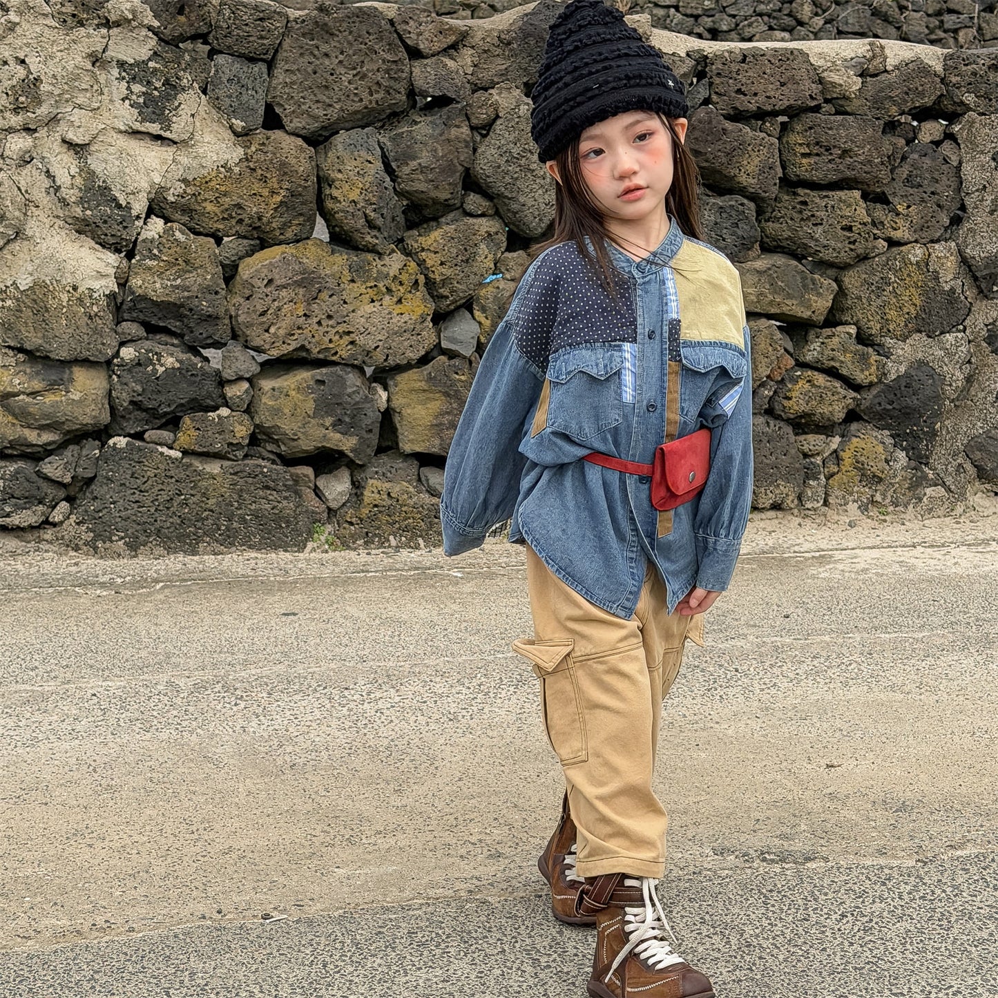 長袖シャツ・ブラウス Children's Denim Patch Shirt デニムパッチワークシャツ【mh0011947】