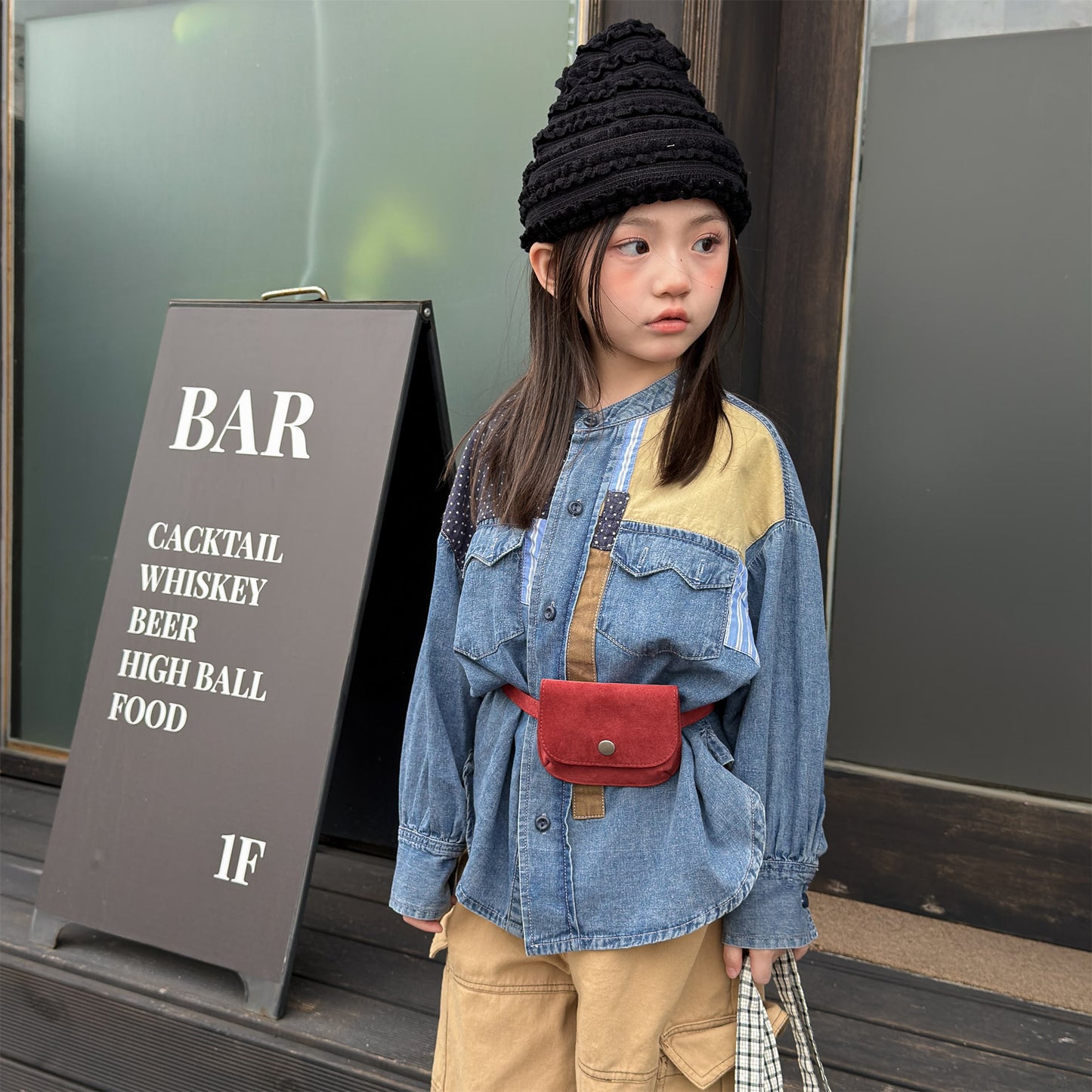 長袖シャツ・ブラウス Children's Denim Patch Shirt デニムパッチワークシャツ【mh0011947】