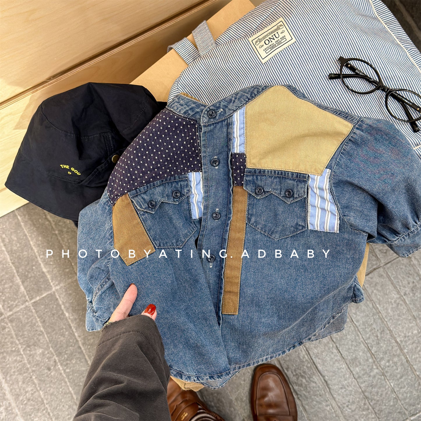 長袖シャツ・ブラウス Children's Denim Patch Shirt デニムパッチワークシャツ【mh0011947】