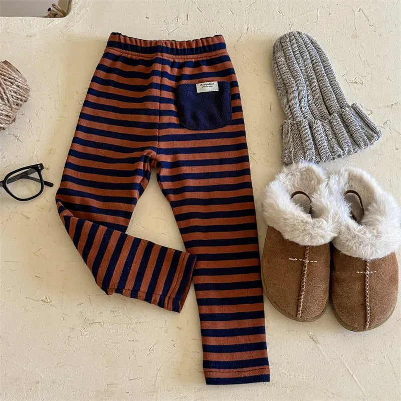 レギンスパンツ Coffee / 12M (80) キッズパンツ ボーダー裏フリース厚手レギンスパンツ【mh0007619】