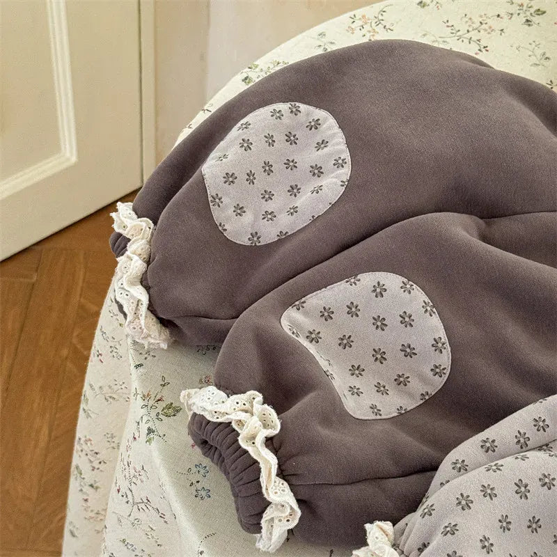 ロングパンツ・スウェットパンツ Coffee / 12M (80) キッズパンツ 裾レースフラワープリント裏ボアフリース厚手スウェットパンツ【mh0007621】