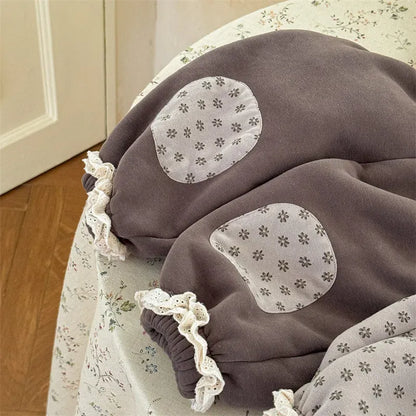 ロングパンツ・スウェットパンツ Coffee / 12M (80) キッズパンツ 裾レースフラワープリント裏ボアフリース厚手スウェットパンツ【mh0007621】