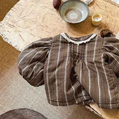 長袖シャツ・ブラウス Coffee / 12M (80) キッズトップス 裏フリースストライプ長袖バブルスリーブチュニックブラウス【mh0007676】