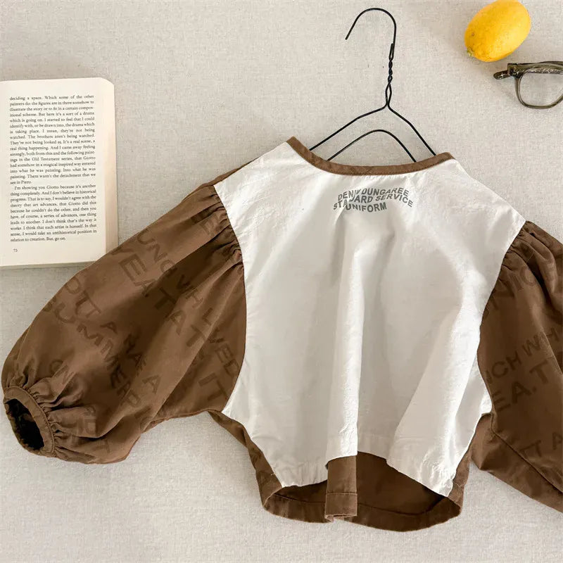 長袖シャツ・ブラウス Coffee / 12M (80) キッズトップス レターロゴプリントパッチワーク長袖バルーンスリーブシャツブラウス【mh0008655】