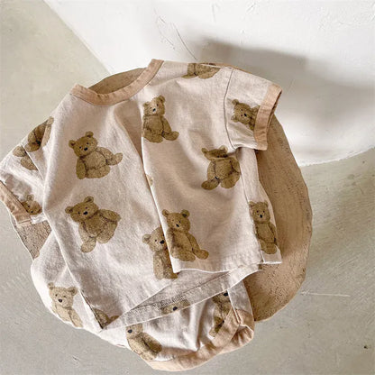 半袖セットアップ Coffee / 12M 80cm キッズセットアップ 2点セット 半袖Tシャツ+ショートパンツ ベアくまプリント 2カラー【mh0006147】
