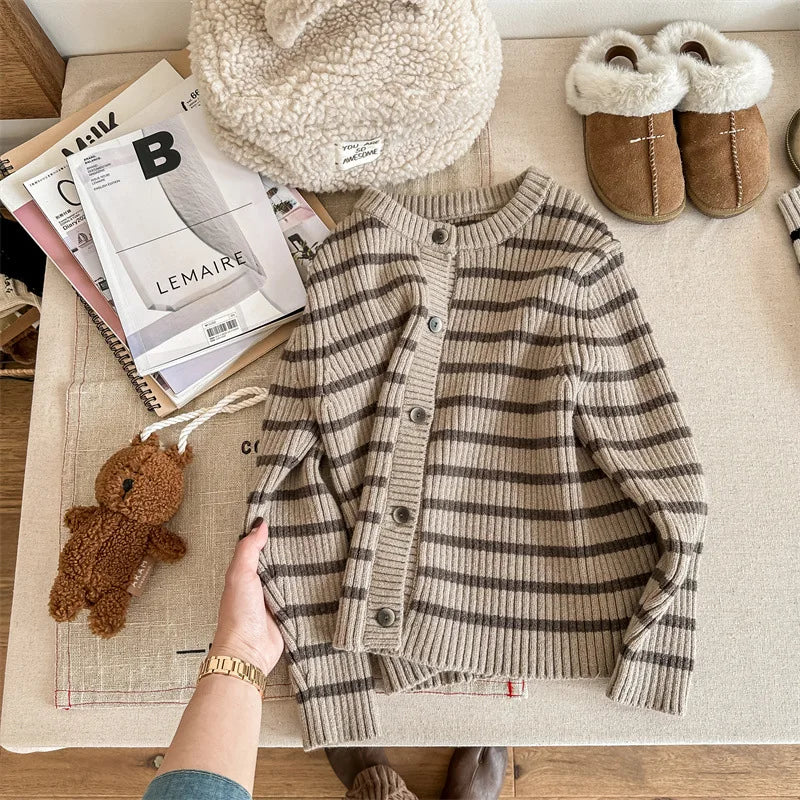 カーディガン・パーカー Coffee / 80cm キッズカーディガン ボーダーニットジャケット 2カラー ユニセックス 男の子 女の子 子供服【mh0003308】