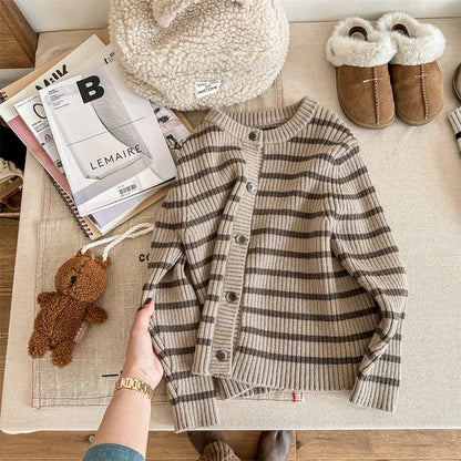 カーディガン・パーカー Coffee / 80cm キッズカーディガン ボーダーニットジャケット 2カラー ユニセックス 男の子 女の子 子供服【mh0003308】