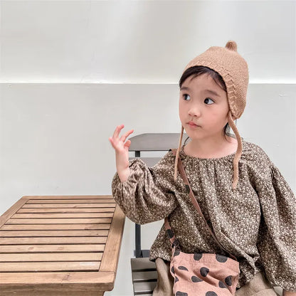 長袖シャツ・ブラウス Coffee / 80cm キッズトップス フラワープリント長袖スモックチュニックブラウス 2カラー【mh0007488】