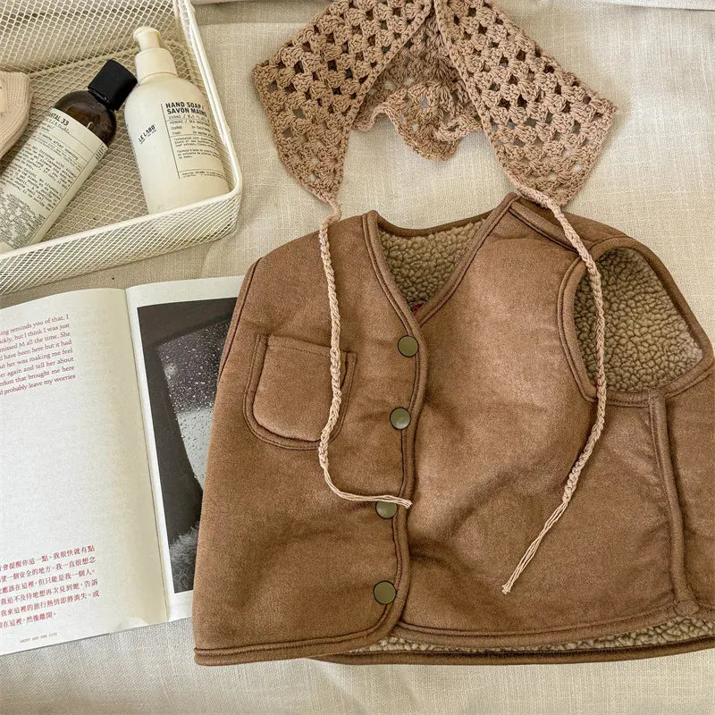 ベスト Coffee / 80cm 9-12M キッズベスト バックレターロゴボアフリースリバーシブルアウターベスト 2カラー【mh0007565】