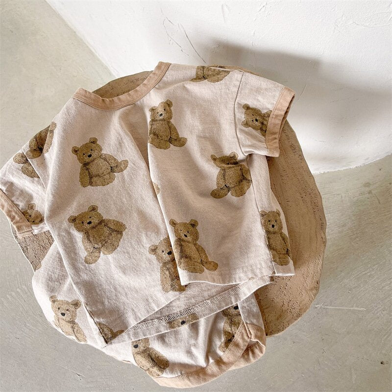 半袖セットアップ Coffee / 80cm Bear Print T-Shirt & Shorts Set くまプリント Tシャツ ショートパンツセット【mh0012146】