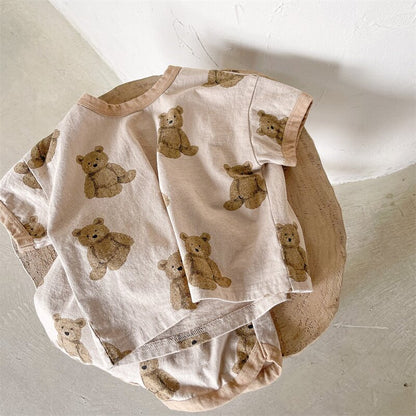 半袖セットアップ Coffee / 80cm Bear Print T-Shirt & Shorts Set くまプリント Tシャツ ショートパンツセット【mh0012146】