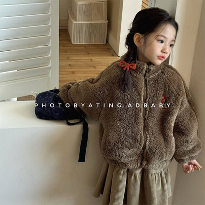 ショートコート・ジャケット・ジャンパー Coffee / 80cm ボアジャケット アウター ジップアップ 腕ライン 刺繍入り もこもこ素材【mh0011398】