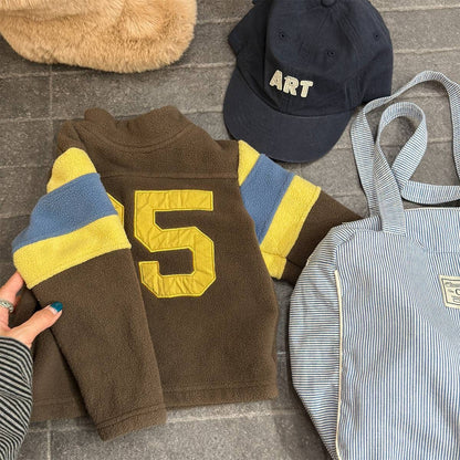 トレーナー・フーディ Coffee / 80cm 長袖フリース プルオーバー ナンバーワッペン ハイネック スリーブデザイン【mh0011409】