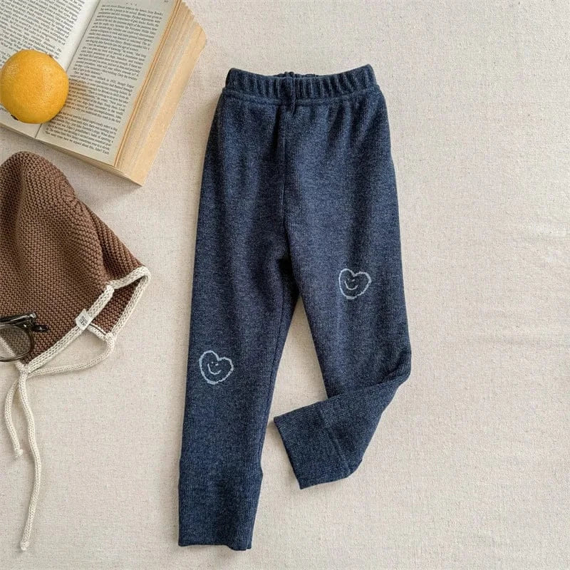 レギンスパンツ Dark Blue / 12M  80CM キッズパンツ ベアくま/ハートプリント裏フリースレギンスパンツ【mh0007963】