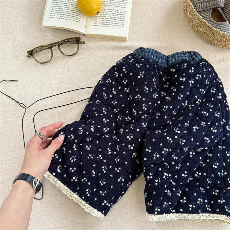 ロングパンツ・スウェットパンツ Dark Blue / 12M  80CM キッズパンツ フラワープリントコーデュロイパデッド防寒ロングパンツ【mh0008195】