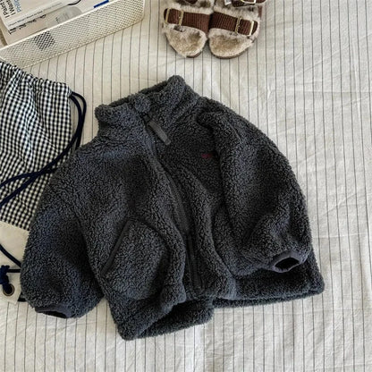 ショートコート・ジャケット・ジャンパー Dark Gray / 12M (80) キッズアウター ボアフリースくすみカラージップアップジャケット【mh0007674】