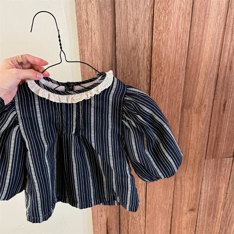 長袖シャツ・ブラウス Dark Gray / 12M (80) キッズトップス 裏フリースストライプ長袖バブルスリーブチュニックブラウス【mh0007676】