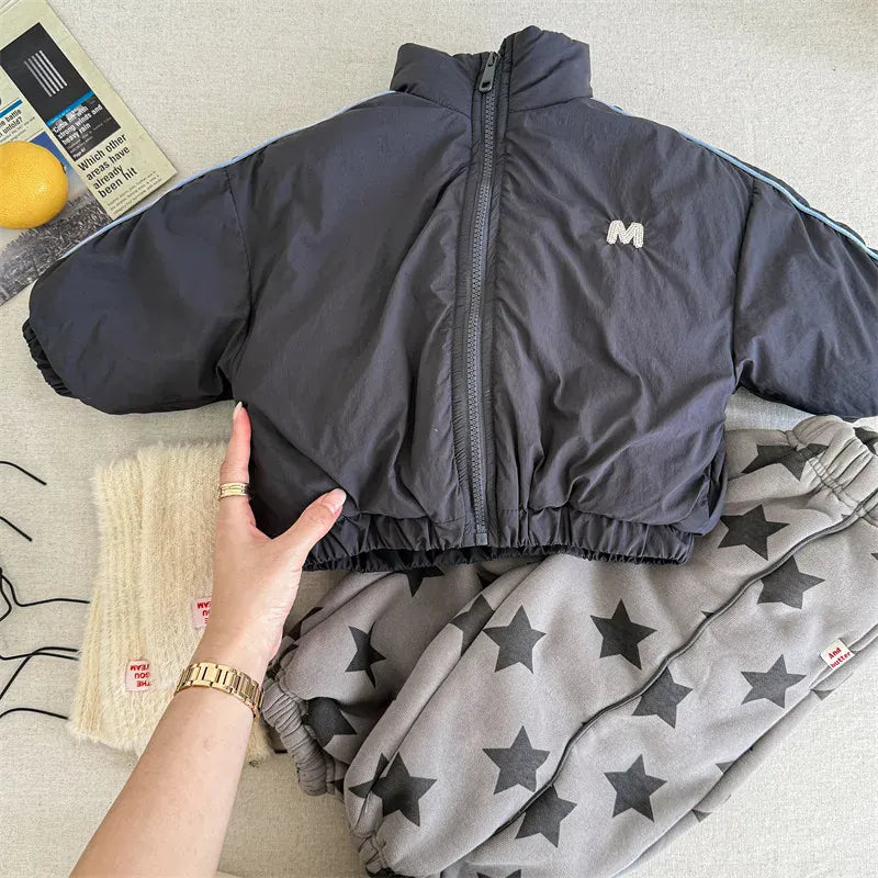 ショートコート・ジャケット・ジャンパー Dark Gray / 12M  80CM キッズアウター チェック/無地裏着ワンポイントライン入りパデッドブルゾンジャケット【mh0007930】