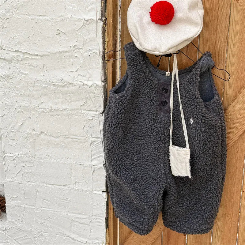 サロペットパンツ・サスペンダーパンツ Dark Gray / 12M  80CM キッズジャンプスーツ ボアフリースノースリーブサロペットパンツ【mh0008321】
