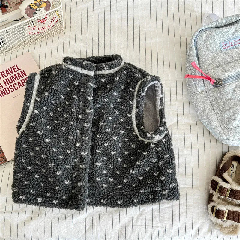 ベスト Dark Gray / 12M  80CM キッズベスト ハート柄ボアフリース前あきベスト【mh0008439】