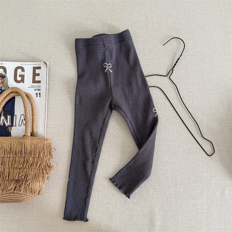 レギンスパンツ Dark Gray / 80cm キッズパンツ リボンプリントリブレギンスパンツ【mh0008968】