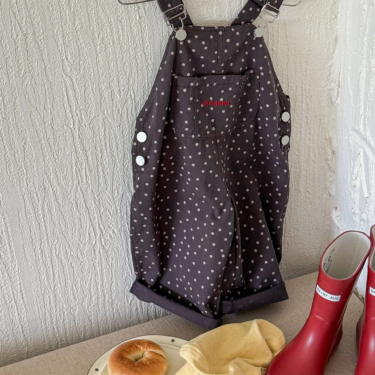 オーバーオール Dark Gray / 80cm ストライプ/ドットビッグシルエットオーバーオール【mh0010618】