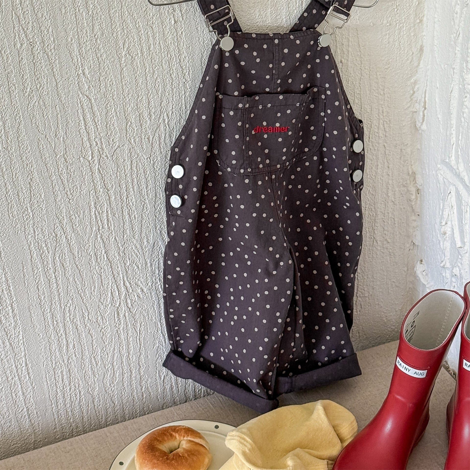 オーバーオール Dark Gray / 80cm ストライプ/ドットビッグシルエットオーバーオール【mh0010618】