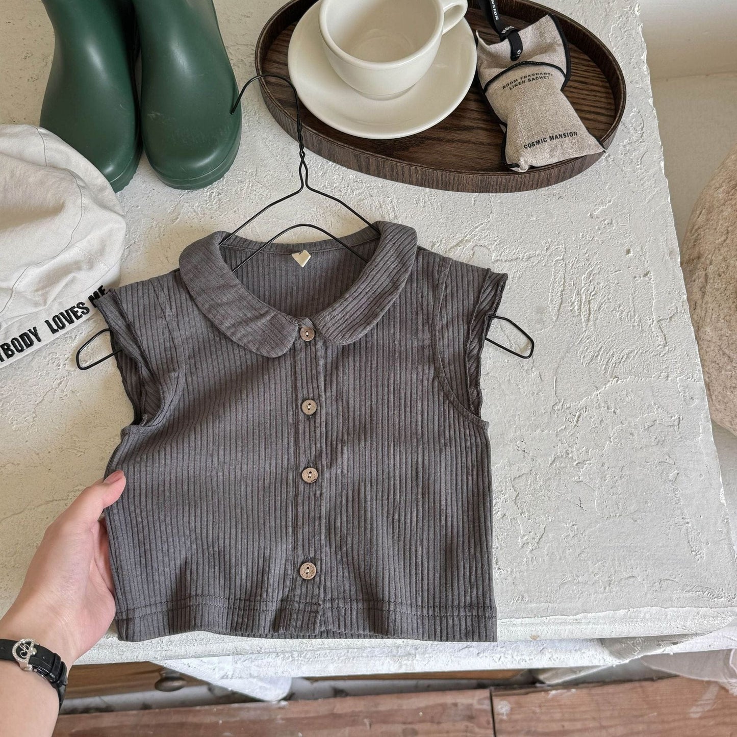 タンクトップ・キャミソール・ノースリーブトップス Dark Gray / 80cm 襟付きショートミニスリーブTシャツブラウス【mh0009392】