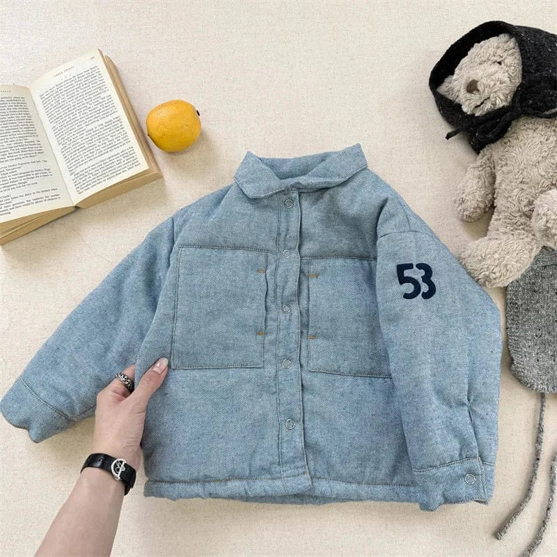 ショートコート・ジャケット・ジャンパー Denim Blue / 12M  80CM キッズアウター デニム/チェックレターロゴプリントパデッド襟付きジャケットコート【mh0007927】