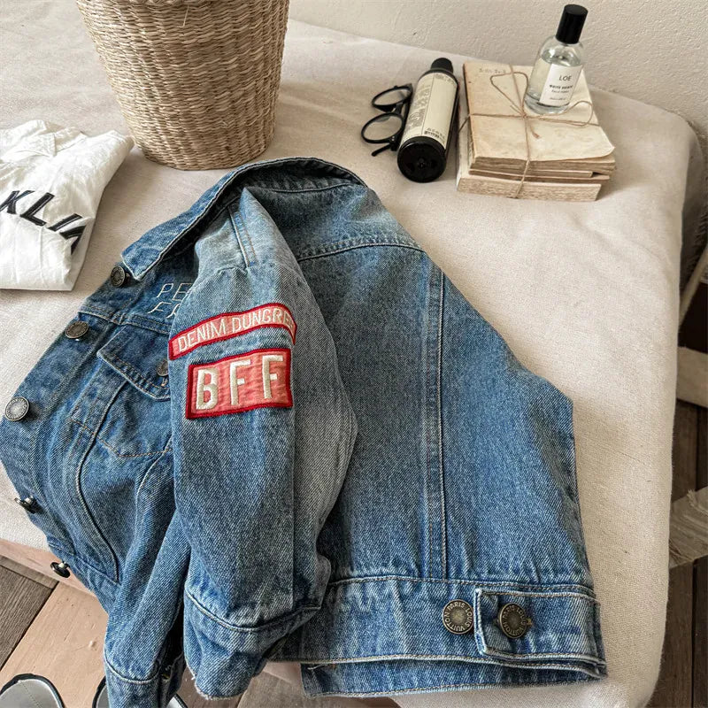 ショートコート・ジャケット・ジャンパー キッズアウター デニムジャケット Gジャン ワッペン刺繍プリント【mh0006617】