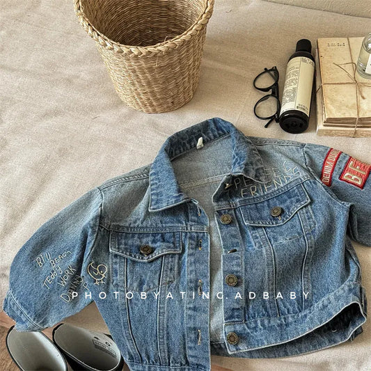 ショートコート・ジャケット・ジャンパー キッズアウター デニムジャケット Gジャン ワッペン刺繍プリント【mh0006617】