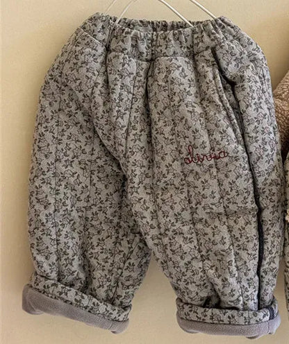 ロングパンツ・スウェットパンツ Gray / 12M (80) キッズパンツ フラワー花柄プリント裏フリースコーデュロイ厚手ロングパンツ 暖パン【mh0007620】