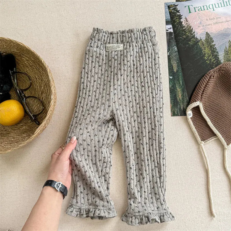 レギンスパンツ Gray / 12M (80) キッズパンツ フラワー小花柄プリント裏フリースレギンスパンツ【mh0007892】