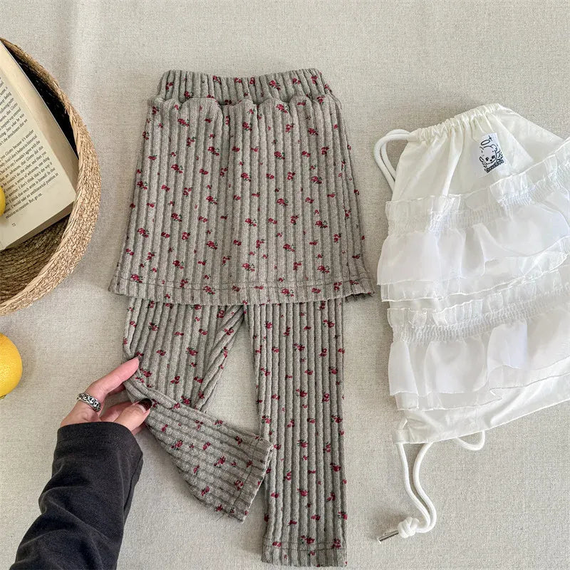 レギンスパンツ Gray / 12M (80) キッズパンツ フラワープリントスカートドッキングリブレギンスパンツスカッツ【mh0008631】