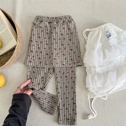 レギンスパンツ Gray / 12M (80) キッズパンツ フラワープリントスカートドッキングリブレギンスパンツスカッツ【mh0008631】